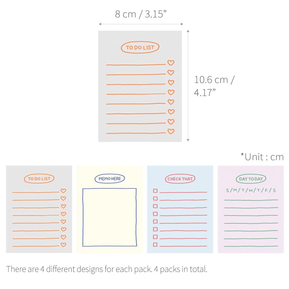 Monolike Memopad Sketch Planning design SET - 4 Packs, 4 Different Designs, 100 Sheets Per Pad, Total 400 Sheets, Note pads, Writing pads, 3.15 x 4.17 Inches