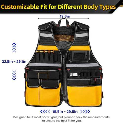 Tool Vest, Electrician Tool Vest for Men, 22 Compartments, Reflective Workwear with Adjustable Waist & Upgraded Comfortable Neck Opening