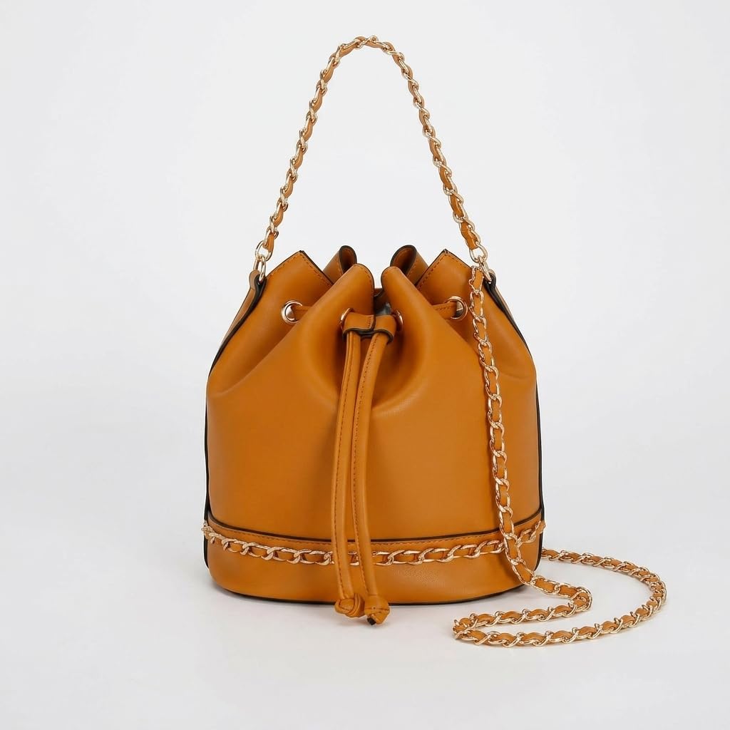 Rosvovo Leather Bucket Bag - Elegant Orange Drawstring Crossbody Purse for Women with Gold Chain Strap