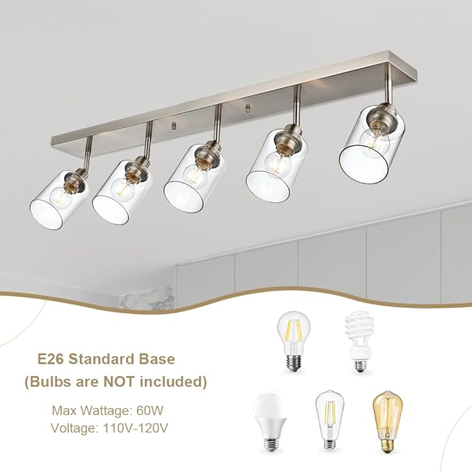 VINLUZ 5 Light Indoor Vanity Lights with Clear Glass Shade,Black Bathroom Spotlight Fixture with Rotatable Light Head Metal Ceiling Light Fixture