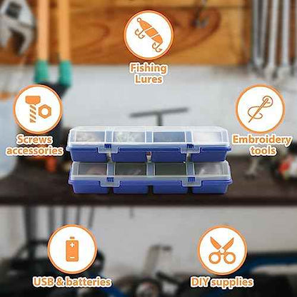 Screw Organizer Storage Bins, 4 Pack Stackable Bins with Lids, Divider Compartment Containers for Garage / Craft Tool Organizing, Tool Cart Cabinet Workbench Drawers Organization and Storage (Blue)