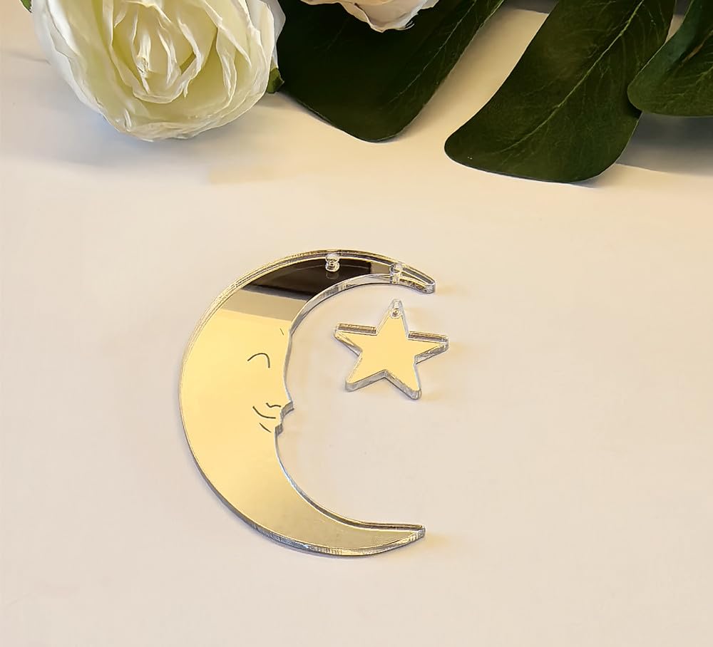 Set of 20 Crescent Moon and Star,Christmas Moon and Star Hanging Ornament for Window &Christmas Tree Decoration (Siver Mirror)