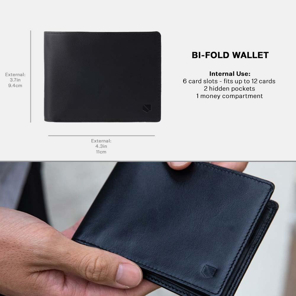 SLNT Napa Leather RFID & NFC Signal Blocking Bi-Fold Wallet - Secure Your Information, Prevent Hacking & Identity Theft - 6 Card Slots & Large Money Pocket - Slim Profile, Great for Travel (Jet Black)