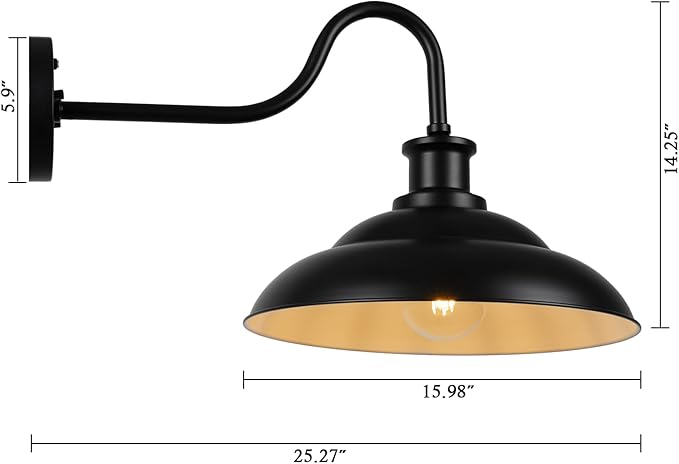 Dusk to Dawn Gooseneck Barn Light Outdoor, 16 Inch Farmhouse Wall Sconce, Vintage Exterior Wall Mount Lighting Fixture, Waterproof Black Lantern for Porch Garage