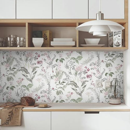 Vinjiasin Peel and Stick Wallpaper Boho Wallpaper Floral Contact Paper Colorful Pink Flower Leaf Self Adhesive Removable Wall Paper for Bathroom Bedroom 16.1" x 78.7"