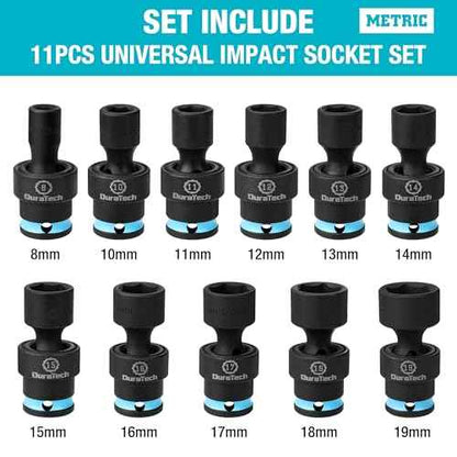 DURATECH 3/8" Drive Impact Swivel Socket Set, 11-Piece Shallow Wobble Socket Set, Metric, Cr-Mo Steel, 6 Points, Organized in Sturdy Storage Case(8-19mm)