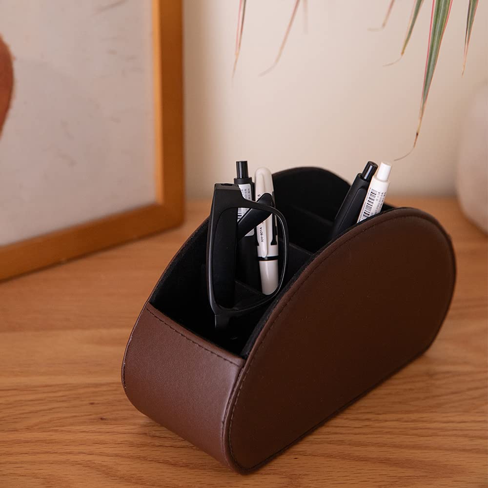 Fosinz Remote Control Holder Organizer Table Desk Leather Control Storage TV Remote Control Organizer with 5 Spacious Compartments (Dark Brown)