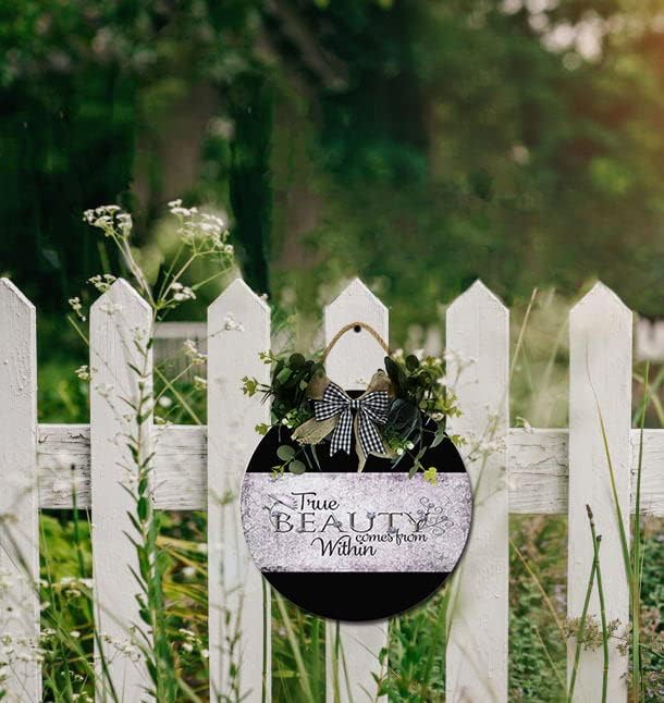 True Beauty Front Door Sign Funny Wreaths Hanging Wooden Plaque Decoration Round Rustic Wood Farmhouse Porch Decor for Home Front Door Decor, 12 x 12 Inch