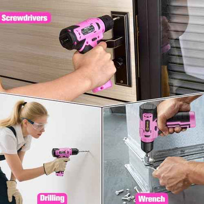 VIGRUE 278 Piece Tool Set, 8V Cordless Drill, Tool Kit with Drill, ToolBox for Men & Women, Home Hand Drill Set for Handyman, DIY (pink)