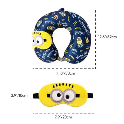 MINISO Minions Travel Neck Pillow with Eye Mask, Cute Cartoon 100% Memory Foam Neck Support Pillow, Lightweight Travelling Pillow Set for Airplane, Car and Home Use