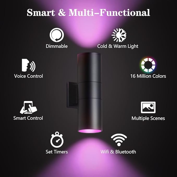 KIZON Smart Porch Lights 2 Pack, RGB Modern Outdoor Wall Lights Dusk to Dawn Exterior Lighting Fixture App Control with Remote, Up and Down Outdoor Sconce Lights for House Patio Garage, ETL Listed