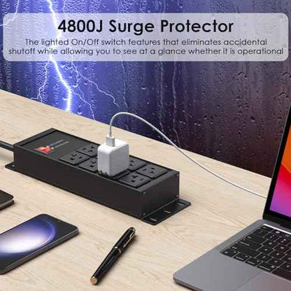 JUNNUJ Heavy Duty 20 Amp Surge Protector 4800J, Garage Metal 8 Outlets 12 Gauge, High Amp 5-15P Adapter Shop 6-20R T-Slot Industrial Outlet, 10 FT Extension Cord Commercial for Appliance