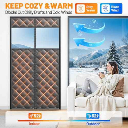 Magnetic Insulated Sliding Door Curtain Fits 72"x80" - Thermal French Door Cover for Winter with Clear Window, Patio Doors Insulation Kit & Doors Draft Stopper for Sliding Glass French Doorway - Black