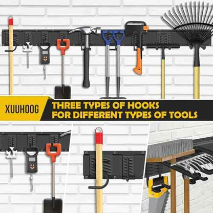 ¡°48¡± Adjustable Garage Wall Tool Organizer - Full-Length Bracket for Garage Storage with 3 Tool Hooks, 2 Double Hooks, 2 Single Hooks and 3 Rails in Heavy-Duty Construction,Tool Organizer