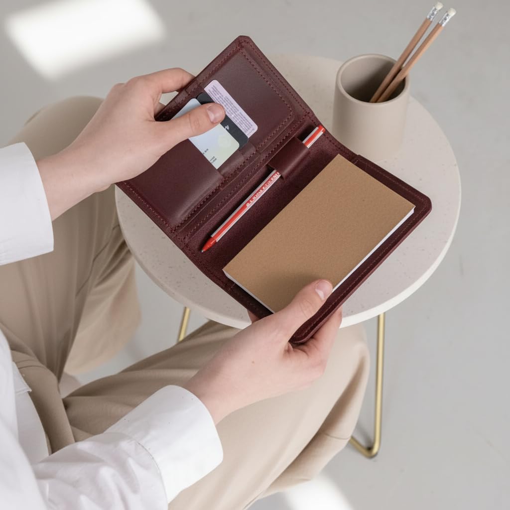 TORAKIP Leather Travel Journal Cover A6 – Refillable Notebook Cover with Pockets & Pen Holder, Handmade Genuine Leather Case for 4.1" x 5.8" Notebooks (Paper Not Included), Burgundy