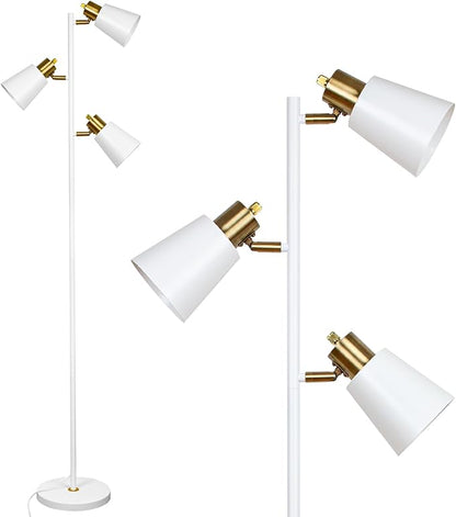 Tree Floor Lamp for Living Room, Industrial 3-Light Standing Lamp with 3 LED Bulbs, Adjustable Rotation Heads, Standing Tall Pole Lamp Farmhouse Rustic Reading Lamps for Bedroom Office (White Gold)