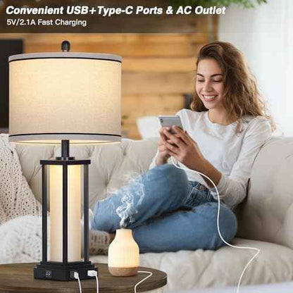 27in Tall Farmhouse Table Lamp with USB C+A & Outlet,Black Industrial End Table Lamp for Living Room,Vintage Rustic Bedside Lamp with Night Light for Bedroom Nightstand,Single Black