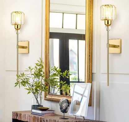 Modern Gold Wall Sconces Lighting Battery Operated Set of 2,No Wiring Rechargeable Wall Lights Fixture with Wireless Remote,Clear Glass Long Wall Lamp for Bedroom Bathroom Living Room Vanity Light