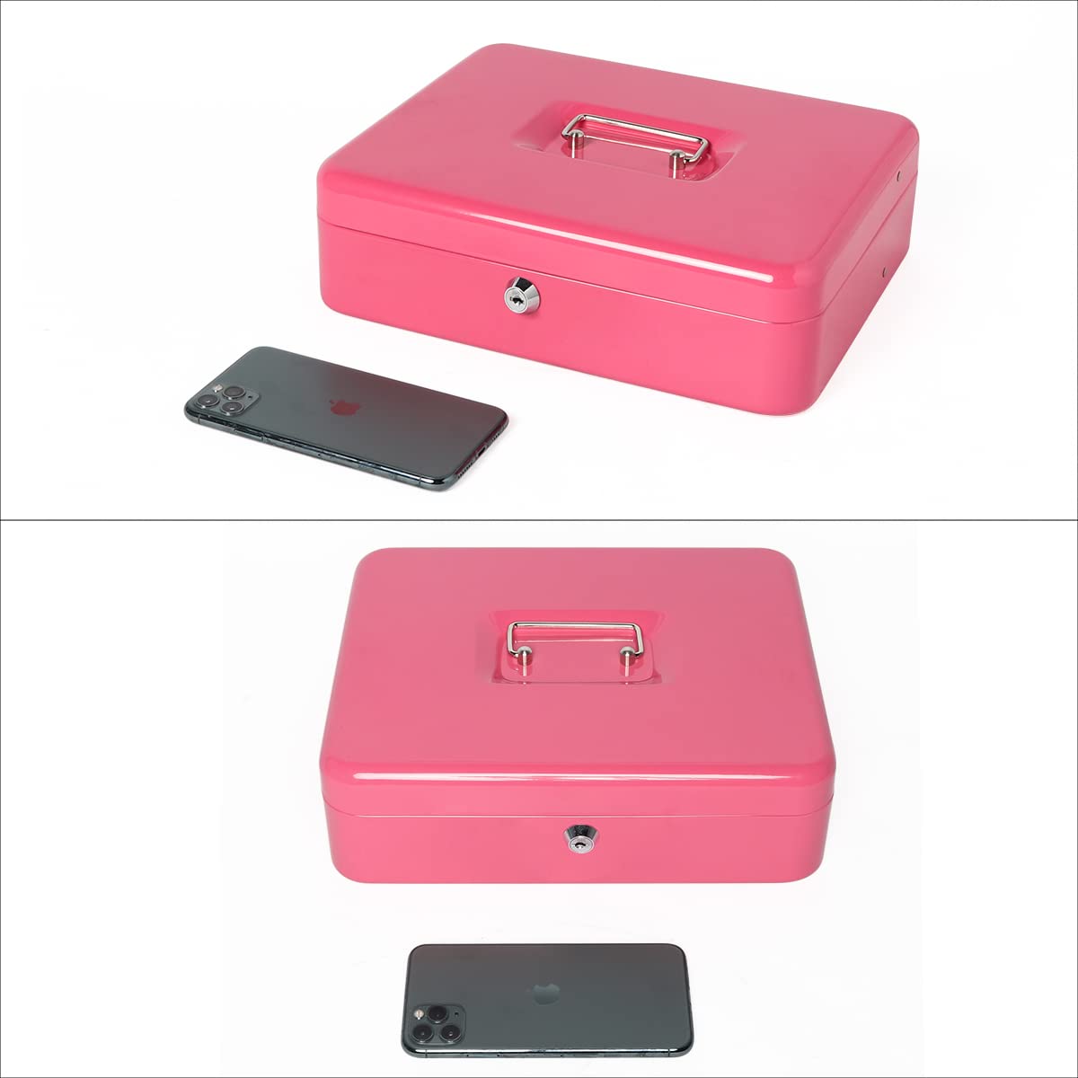 Parrency Cash Box with Key Lock, Lock Box Safe Storage Security Locker with Security Cable, Durable Metal Cash Box with Money Tray, 11.8" x 9.5" x 3.5", K-Soft Pink