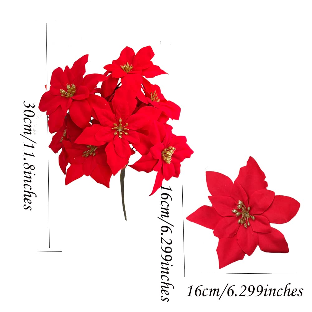 WISTART 8 Pack Christmas Artificial Poinsettia Flowers Velvet Plastic Floral Bouquet Small 7 Head Silk Red Shrub Fake Flowers Arrangement for Winter Indoor Outdoor Home Porch Xmas Holiday Decor