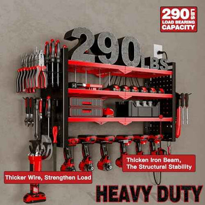 Power Tool Organizer Wall Mount with Charging Station 4 Layer 6 Slot Cordless Drill Holder with Angle Grinder Holder (Red)
