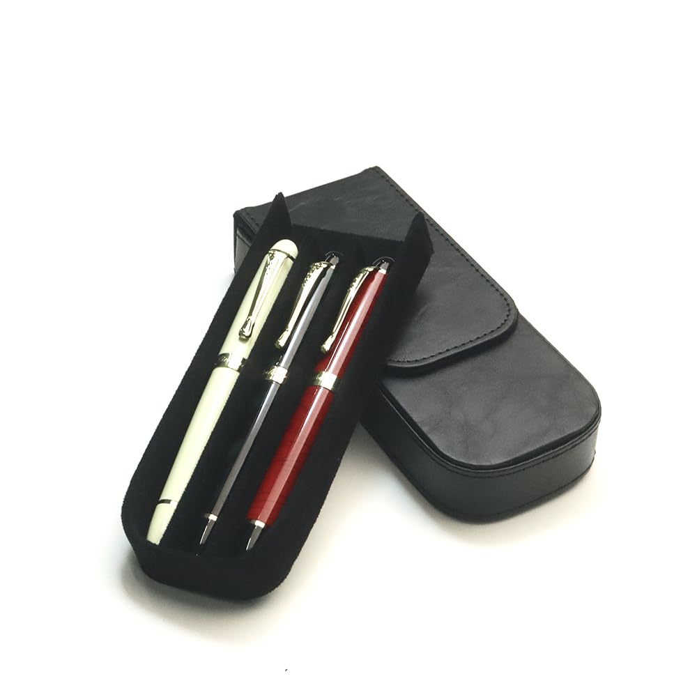MIVLXLX PU Leather Triple Pen Case Pencil Pouch Holder for Three Fountain Ballpoint Rollerball Pens and Pencils Gift Choice for Man/Woman/Office (Black)