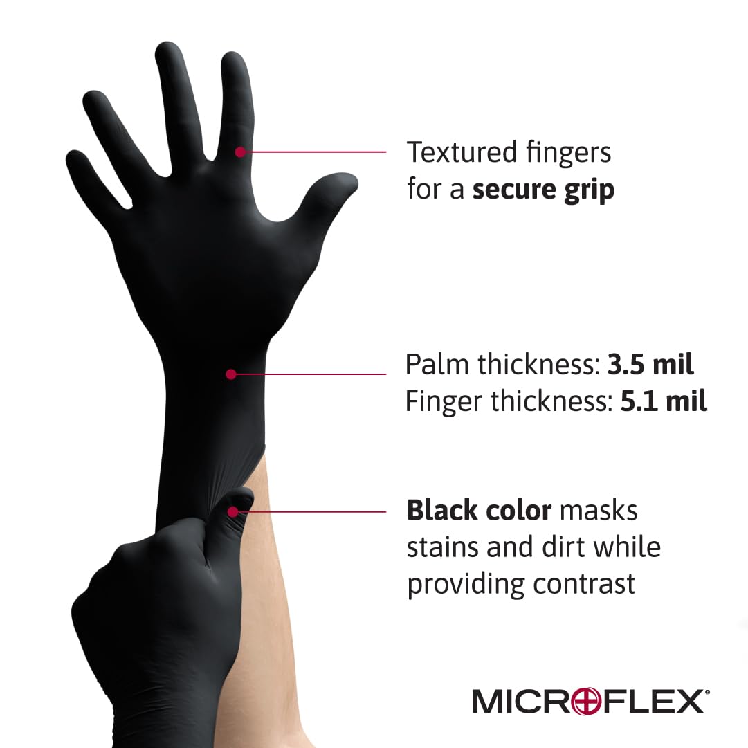 Ansell MICROFLEX Onyx N64 Disposable Nitrile Exam Gloves for Automotive, Metal Fabrication - XL, Black (Box of 100)