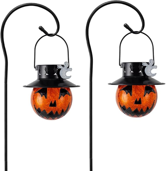 Viveta 2 Pack Solar Halloween Lights, Solar Lanterns Outdoor Waterproof with Shepherd Hooks for Garden Yard Pathway Outdoor Halloween Decorations