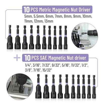 Bates Choice Magnetic Nut Driver Set, 20pc, Metric & SAE, 5-13mm, 3/16"-1/2", Hex Nut Driver Set with Storage Bag