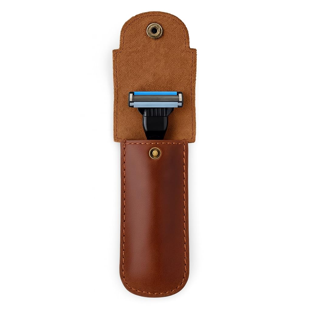 PavinCrafter Full Grain Leather Razor Cover | Double Edge Razor Case | Handmade Safety Razor Protector Sheath for Travel & Storage | Barber Shaving Accessory for Men – Tan