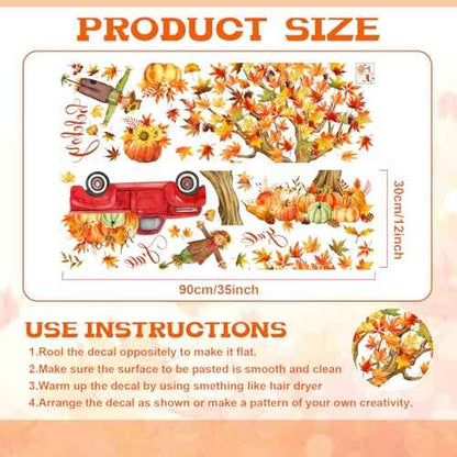 Thanksgiving Fall Wall Decals Autumn Maple Leaves Scarecrow Pumpkin Truck Thanksgiving Removable Sticker Cute Fall Wall Mural Art for Classroom Bedroom Decor