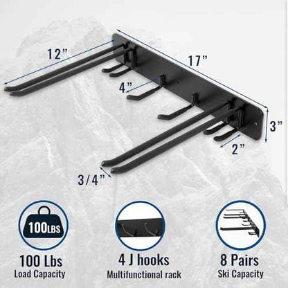 Wall Mount Ski Storage Rack,Garage Snowboard Storage Organizer 4 Pairs Metal Hooks Indoor Outdoor System Organization (Black 1pack)