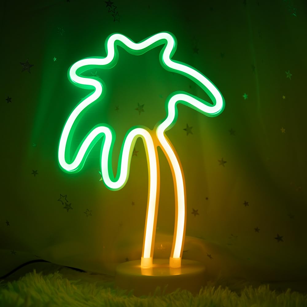 ENUOLI Coconut Palm tree Neon Signs LED Battery Operated USB Powered Neon Light with Holder Base for Party Supplies Girls Room Decoration Accessory for Luau Summer Party Children Kids Gifts
