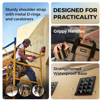 COMOWARE 16" Tool Bag, 19-Pocket Heavy Duty Tool Organizer with Adjustable 51.2" Shoulder Strap, 1680D Oxford Fabric & PVC Coating, Reflective Strips, Tactical Loops, Mechanics, Plumbers, DIY