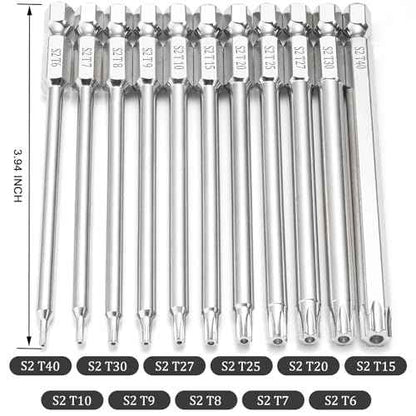 11 Piece Security Torx Bit Set (T6-T40), 1/4 Inch Hex Shank S2 Steel Magnetic Tamper Proof star screwdriver bit set 4" Long