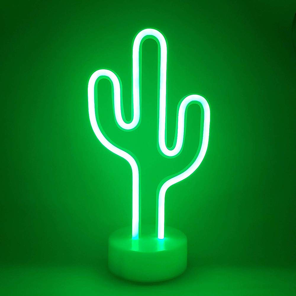 Green Cactus Neon Light Signs LED Cactus Neon Night Lights with Pedestal Room Decor Battery/USB Operation Lamps Neon Signs Light Up Children's Room Bedroom Wedding