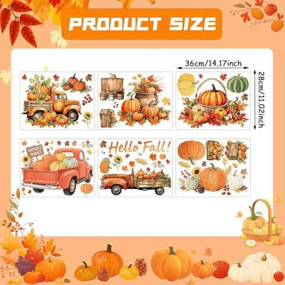 Thanksgiving Fall Wall Decals Removable Autumn Peel and Stick Wall Stickers 6-Sheet Set with Pumpkin Truck, Maple Leaves Design for Home, Office, Bedroom, Living Room Party Decor