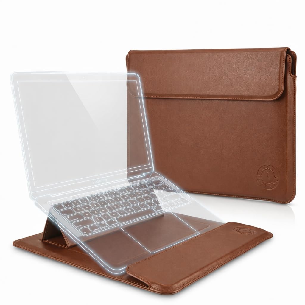 Brown Premium Laptop Sleeve 14-15.6 Inch ONLY MacBook Pro Air 15 Dell XPS HP Envy Lenovo ThinkPad Surface Waterproof PU Leather Stand Mouse Pad Business, Not for 11-13”