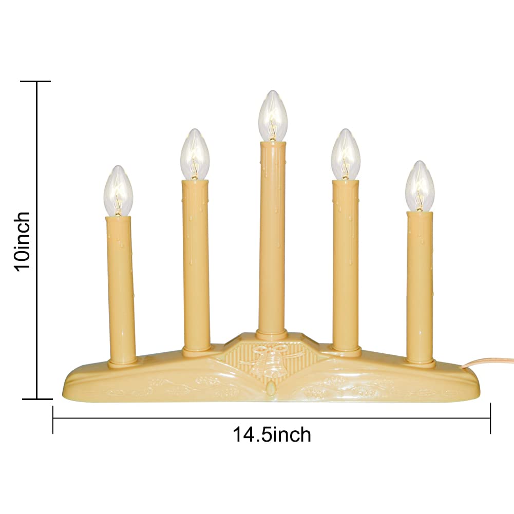 Oviejo 5 Light Window Candle Electric, Christmas Electric Candoliers with Ivory Plastic, Plug in Electric Window Candle Lamp with 6 Clear C7 Bulb (1 Spare Bulb), 5 Watt, Flameless Window Candles