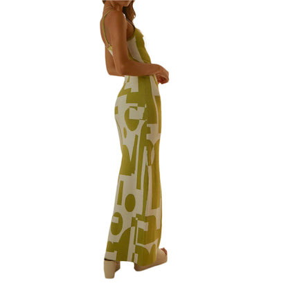 Fabumily Sexy Knit Bodycon Dress for Women Sleeveless Spaghetti Strap Cut Out Maxi Dress Backless Y2K Summer Beach Dresses (A- Green & White, S)