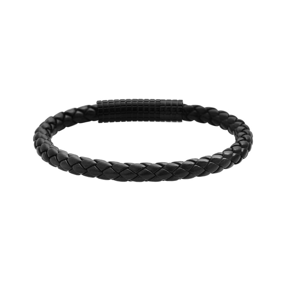 Edforce Classic Braided Genuine Leather Wrist Band Cuff Bracelet, 8.25inches (Black)