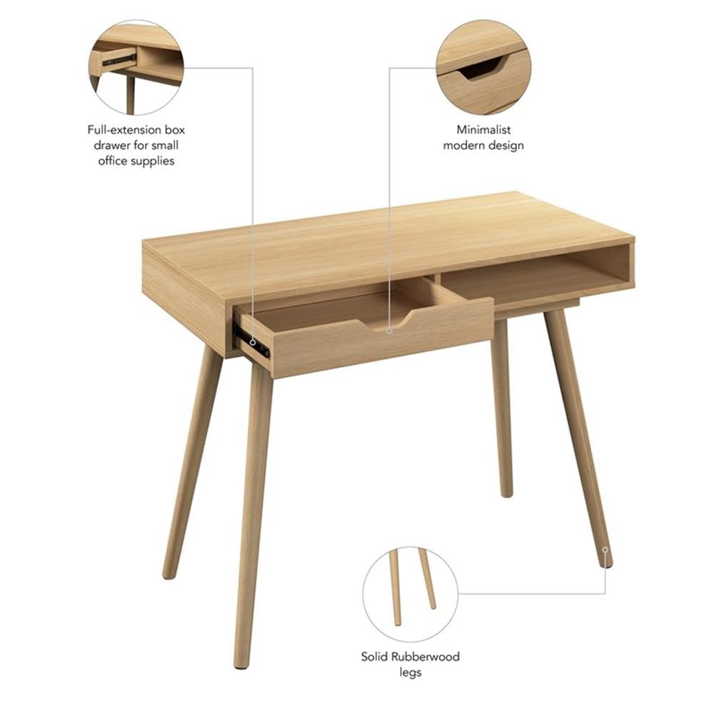 Bush Home Nora 40W Writing Desk in Natural Oak | Compact Writing Table with Storage, Workstation for Home Office or Study Room