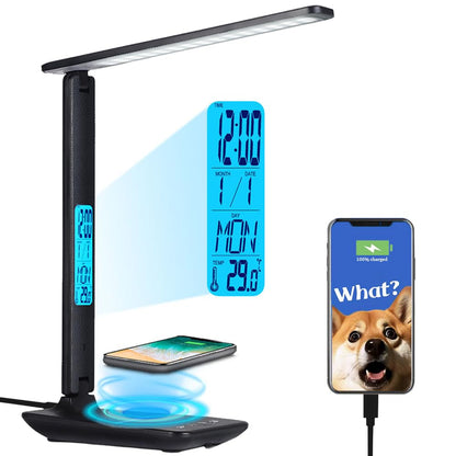 Multifunctional LED Desk Lamp with Wireless Charger,USB Charging Port,Clock,Phone Holder,Desk Lamps for Home Office,Eye-Caring Reading Lamp,Study Lamp for Boys,Girls,Teens,White