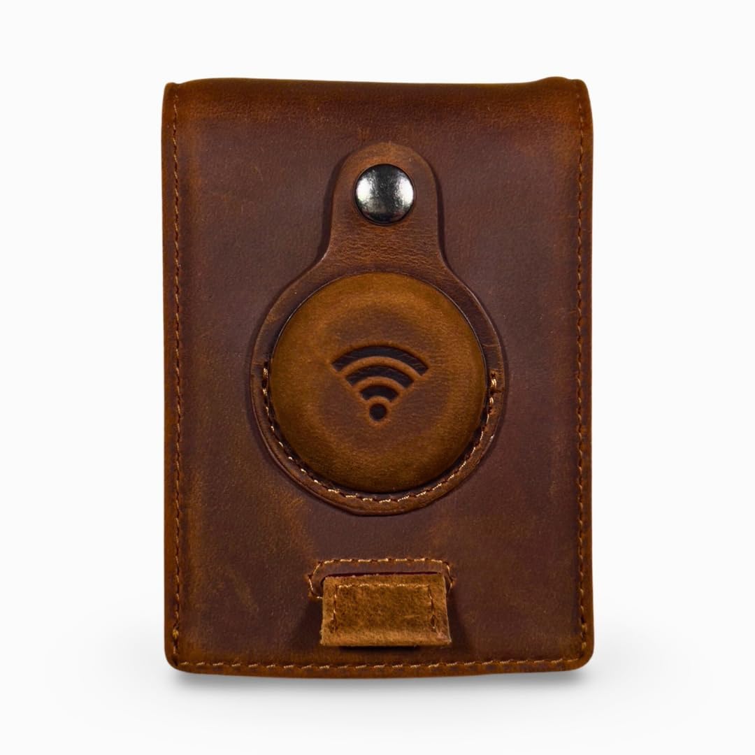 Genuine Leather AirTag & Moto Tag Wallet – Minimalist RFID Blocking, Slim Bifold Credit Card Holder with Money Clip, Gift Box (Brown)