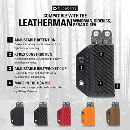 Clip & Carry Kydex Multitool Sheath for Leatherman Wingman/Sidekick/REBAR/REV - Made in USA (Multi-Tool not Included) EDC Multi Tool Sheath Holder Holster Cover (CF Black)