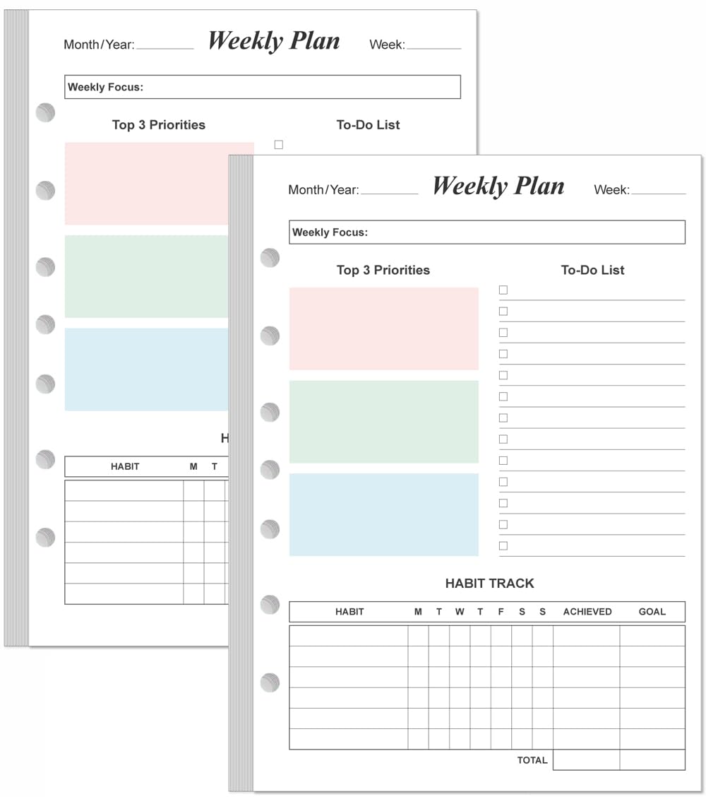 (2-PACK) Weekly Planner Refills for 3 or 7 Ring Mini Binders - 106 Sheets/212 Pages Undated Colorful Weekly Planner, 100 gsm White Paper, Lasts 2 Year, Undated, 5.8" x 8.3"