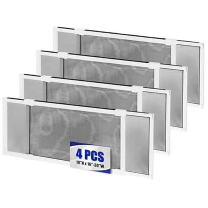 4 Pack Expandable Window Screen, 2 Way Sliding Adjustable Window Screen, Horizontal (10" H x 16" - 30" W), Horizontal and Vertical Adjustable, Durable Replacement Screen for Window, Window Screen Mesh