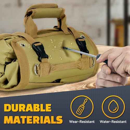 Tomorotec Heavy Duty Roll Up Tool Bag Organizer - Tool Roll Bag with 2 Detachable Pouches, Labeled Compartments & Expandable Pockets - Compact, Portable Storage