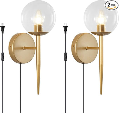 BOKT 1 Light Brushed Gold Wall Sconce Light Set of Two Plug in Cord Mid Century Modern Globe Wall Sconce Set of 2 Plug in Clear Bubble Glass Bathroom Vanity Wall Lamp Plug in (Clear)