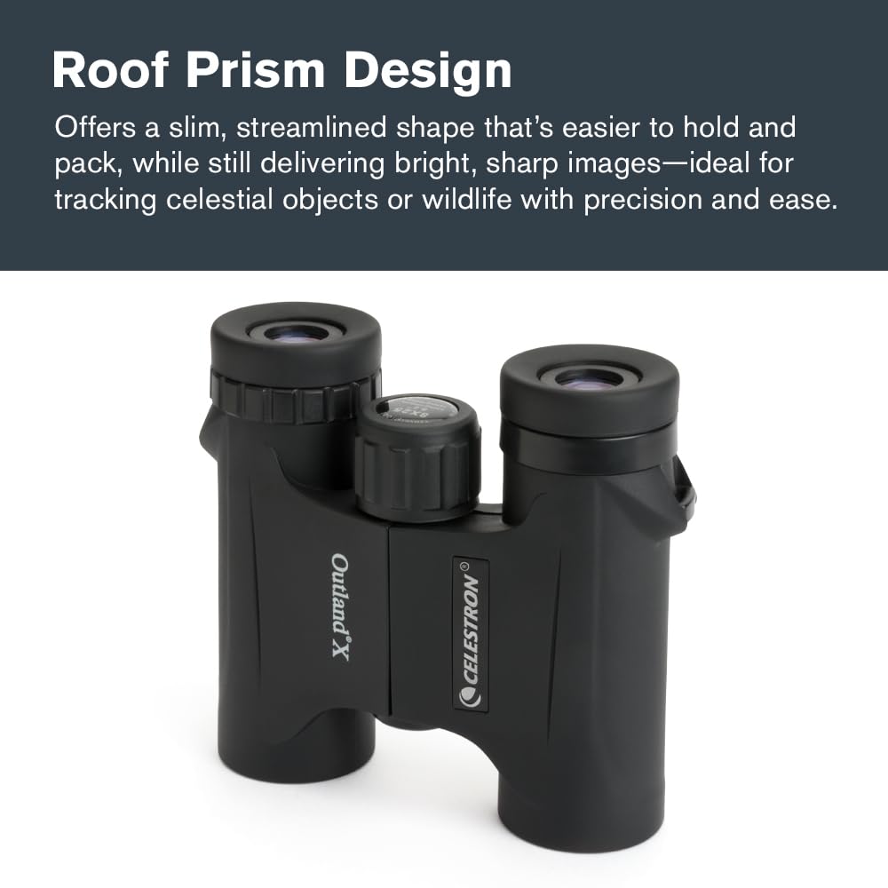 Celestron - Outland X 8x25 Binoculars – Ideal for Birding and Outdoors – 25mm Objective Lenses – Wide 8.2° Field of View – BaK-4 Prisms – Multi-Coated – Waterproof and Fogproof